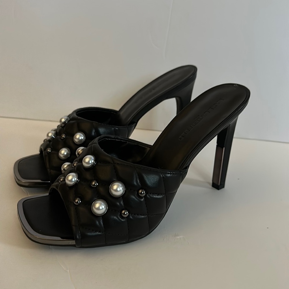 Karl Lagerfeld Black Quilted Mules with Pearls